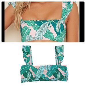 Dippin’ Daisy’s Ruffle Straps Green Leaf Print Bikini Top MEDIUM